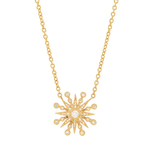 An 18ct gold Starburst necklace, set with 0.95ct of white diamonds. Pendant measurement approximately 22mm. Chain length 16 inches.