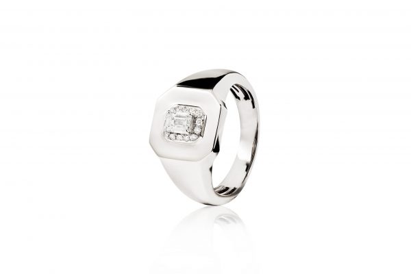 18ct gold White Diamond pinky ring with Emerald Cut Diamond center and paved halo.