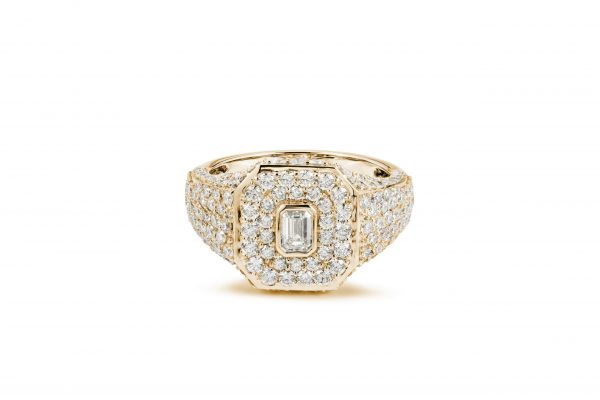 18ct gold White Diamond pinky ring with Emerald Cut Diamond center and fully paved ring.