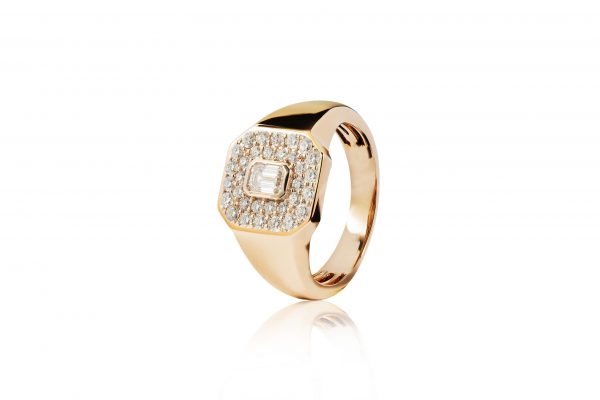 18ct gold White Diamond pinky ring with Emerald Cut Diamond center and paved top.