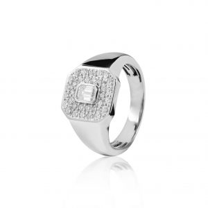 18ct gold White Diamond pinky ring with Emerald Cut Diamond center and paved top.