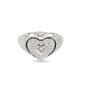 18ct gold White Diamond pinky ring with Heart Shaped Diamond center and fully paved ring.