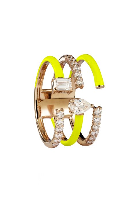 18ct gold White Diamond and Enamel ring set with Pear Shaped and Emerald Cut Diamonds . Select your preffered colour.