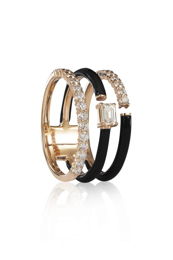 18ct gold White Diamond and Enamel ring set with central Emerald Cut Diamond BLACK