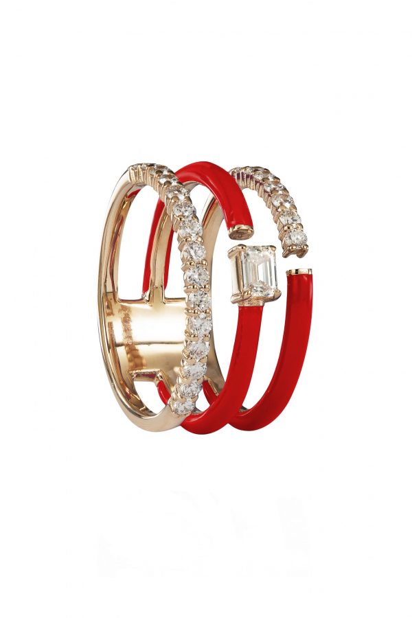 18ct gold White Diamond and Enamel ring set with central Emerald Cut Diamond RED