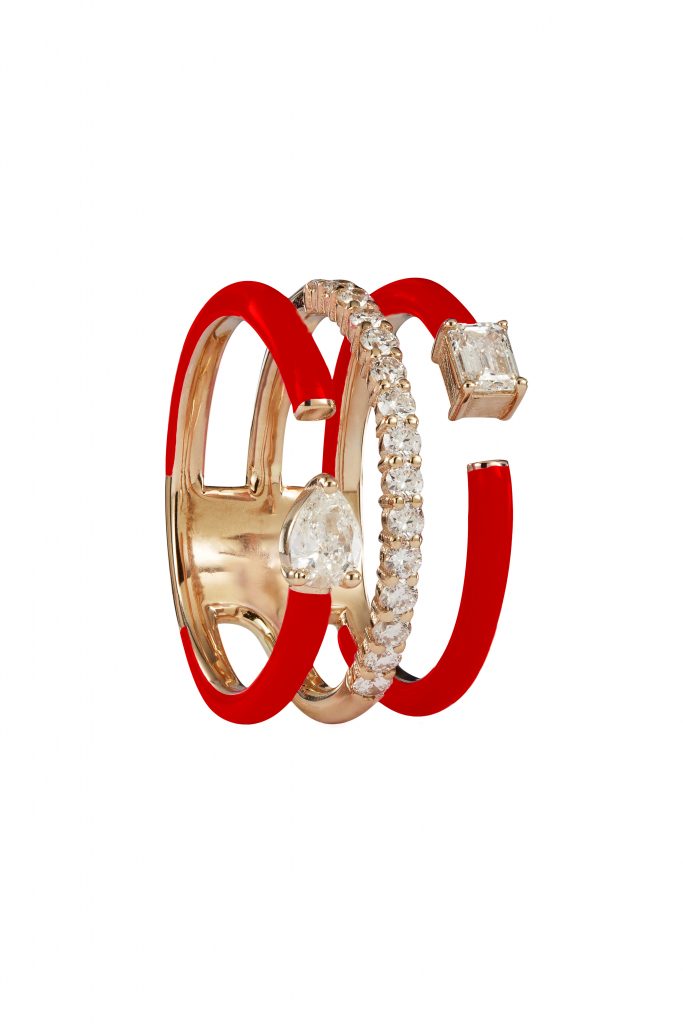 18ct gold White Diamond and Enamel ring set with Pear Shaped and Emerald Cut Diamonds . Select your preffered colour.