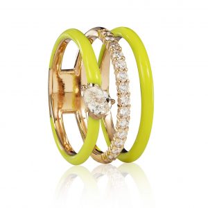 18ct gold White Diamond and Enamel ring set with central Pear Shaped Diamond. Select your preffered colour