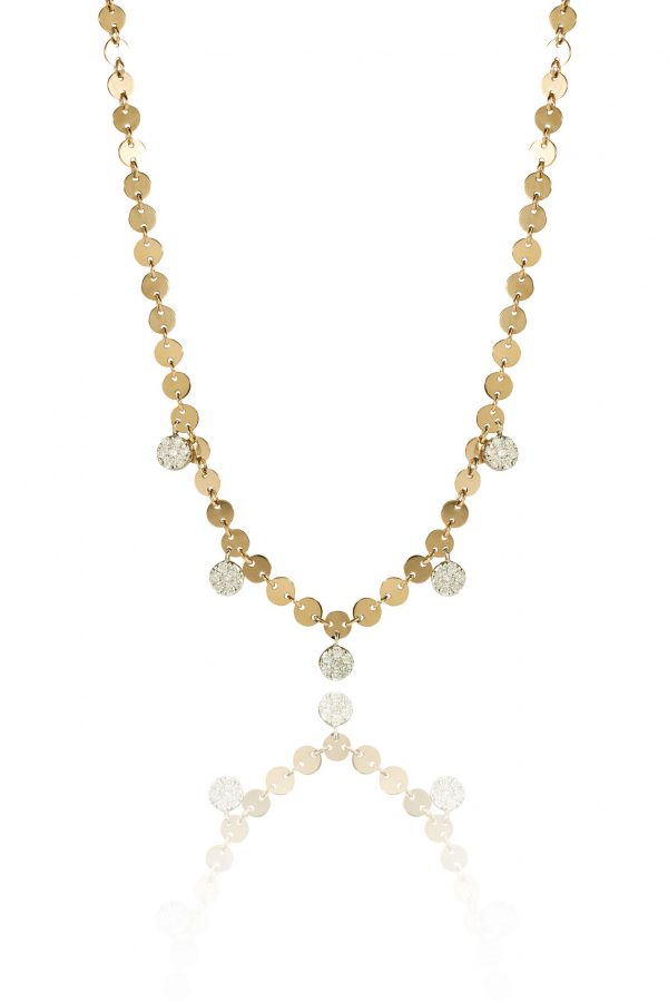 18ct gold White Diamond short five paved disks short necklace with approximately 0.45ct of pave Diamonds.