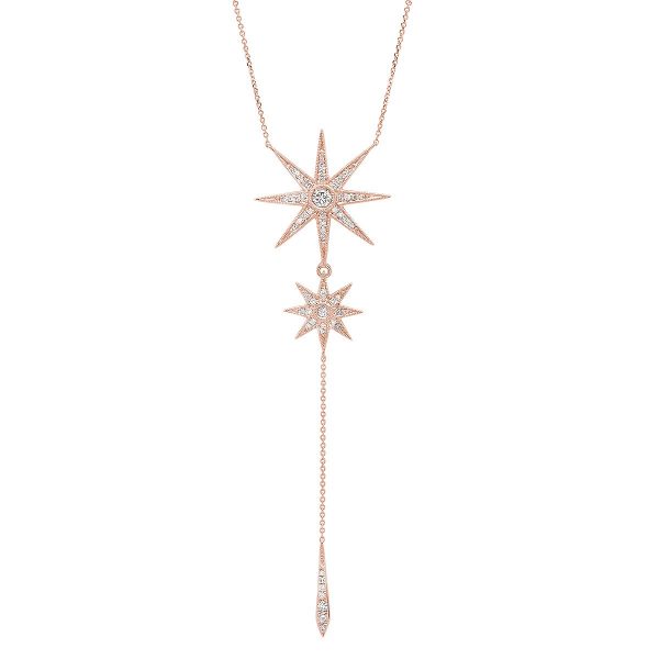 An 18ct gold necklace, set with 0.80ct white diamonds. Big Star 12mm diameter Small Star 7mm diameter Total Drop length 19 inches in rose gold.