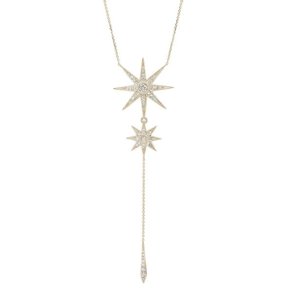 An 18ct gold necklace, set with 0.80ct white diamonds. Big Star 12mm diameter Small Star 7mm diameter Total Drop length 19 inches in yellow gold.