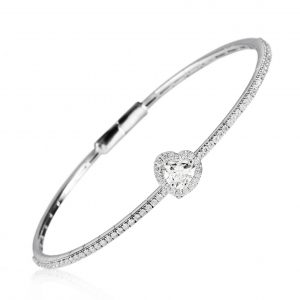 18ct gold White Diamond flexible core bangle with one central Heart Shaped Diamond