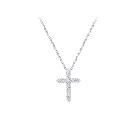 A classic motif, large cross pendant in 18ct gold, set with 11 round brilliant cut diamonds with total weight of 1.67ct, suspended from an 18ct gold chain, each diamond is embraced by a minimal metal setting, optimising their brilliance and presence. Cross is approximately 26mm in length and 18mm in width.
