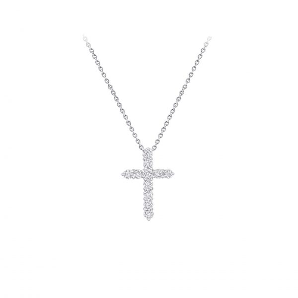 A classic motif, large cross pendant in 18ct gold, set with 11 round brilliant cut diamonds with total weight of 1.67ct, suspended from an 18ct gold chain, each diamond is embraced by a minimal metal setting, optimising their brilliance and presence. Cross is approximately 26mm in length and 18mm in width.