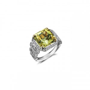 10.41 carat asscher cut untreated Lemon Citrine cocktail ring set with 1.15ct of diamonds in 18ct gold.