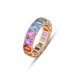 Multicoloured sapphire rainbow ring set in 18ct gold with approximately 8.22ct of natural sapphires