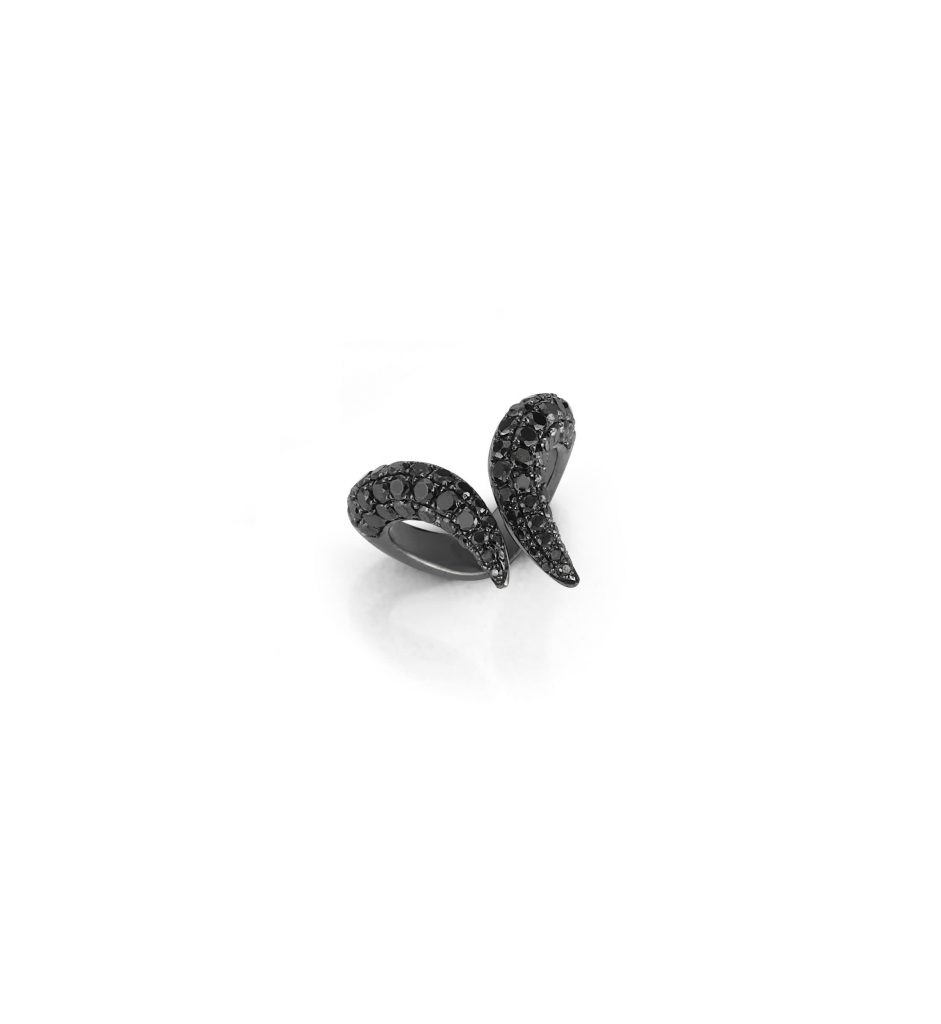 18ct black gold Malificent pinky ring set with 1.54 carats of black diamonds, finished off with black rhodium plating for contemporary effect.