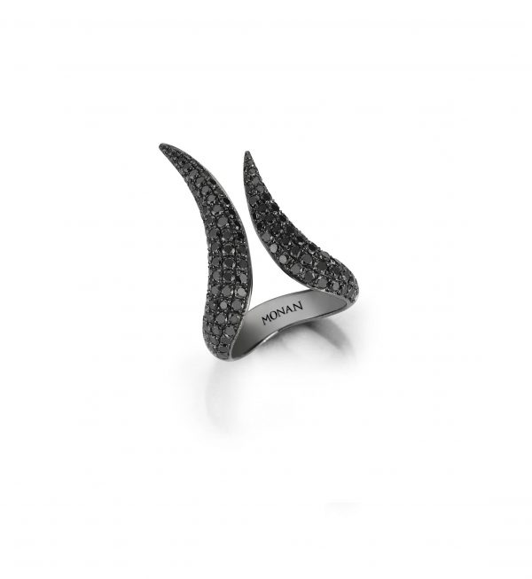 18ct black gold Malificent long finger ring set with 2.84 carats of black diamonds, finished off with black rhodium plating for contemporary effect.