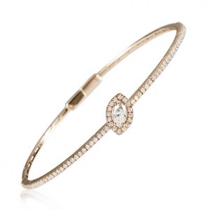 18ct gold White Diamond flexible core bangle with one central Marquise Cut