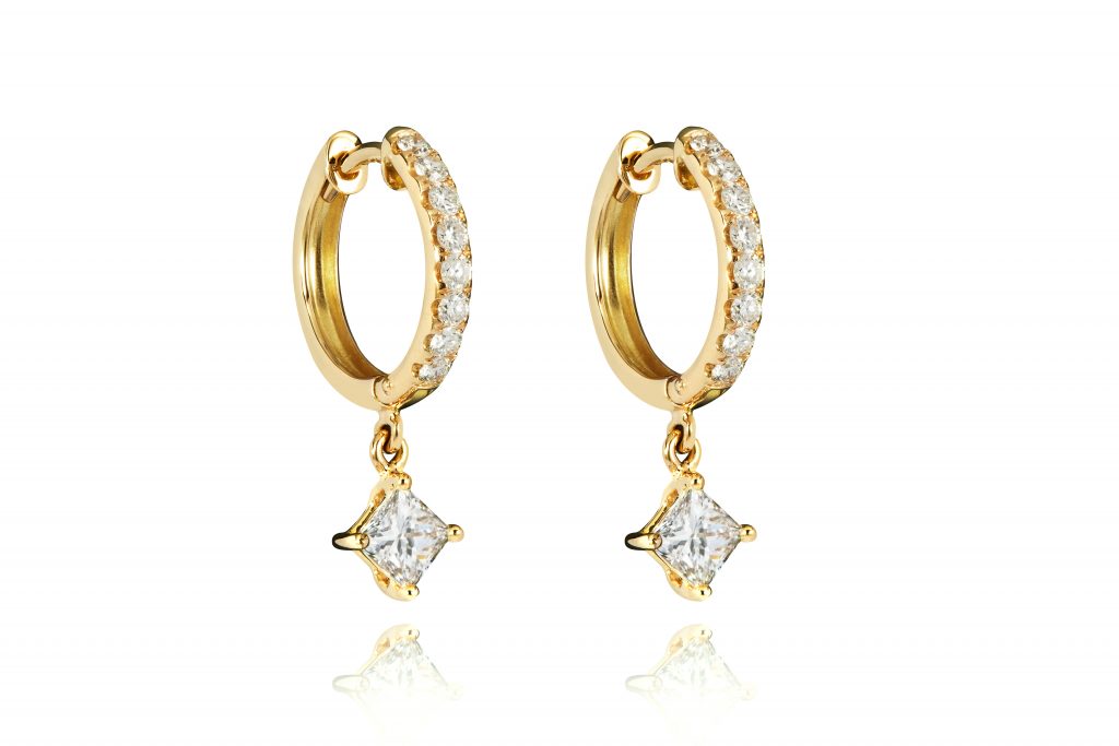 18ct gold Princess Cut White Diamond hoop drop earrings