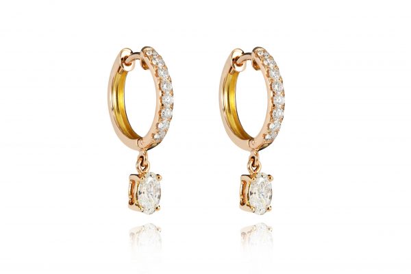 18ct gold Oval White Diamond hoop drop earrings