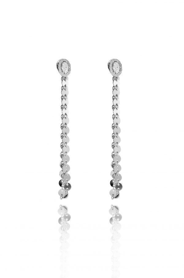 18ct gold White Diamond chain earrings with Oval Diamond studs with halo, set with approximately 0.65ct of Oval Diamonds and 0.40ct pave Diamonds.