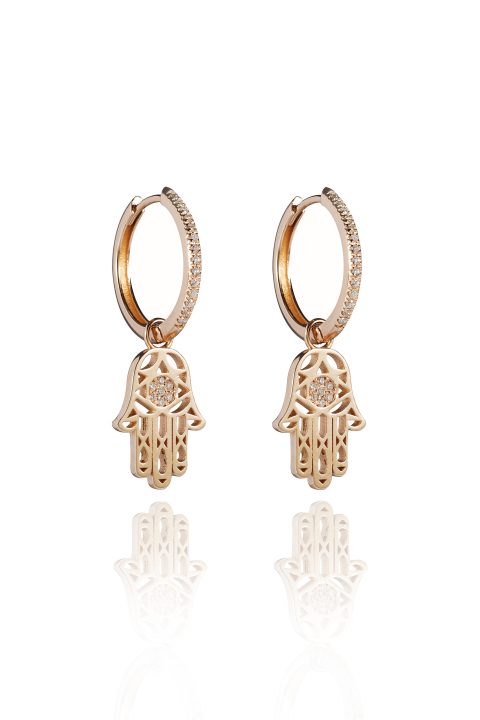 18ct gold White Diamond Hamsa Hand small hoop drop earrings set with approximately 0.20ct of Diamonds