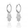 18ct gold White Diamond Hamsa Hand small hoop drop earrings set with approximately 0.20ct of Diamonds