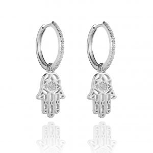 18ct gold White Diamond Hamsa Hand small hoop drop earrings set with approximately 0.20ct of Diamonds