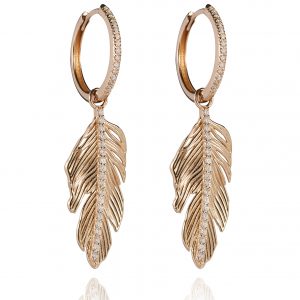 18ct gold White Diamond Feather small hoop drop earrings set with approximately 0.35ct of Diamonds