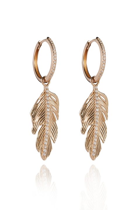 18ct gold White Diamond Feather small hoop drop earrings set with approximately 0.35ct of Diamonds