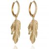 18ct gold White Diamond Feather small hoop drop earrings set with approximately 0.35ct of Diamonds