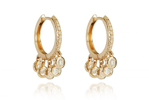 18ct gold White Diamond hoop earrings with suspended bezel set diamond drops