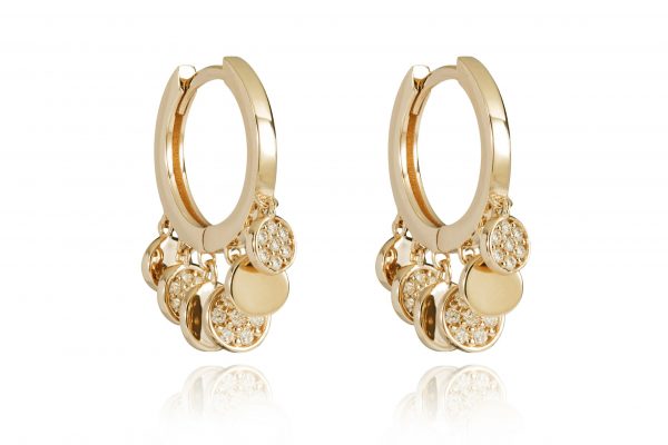 18ct gold White Diamond hoop earrings with with plain and diamond set suspended disks