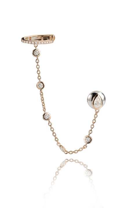 PEAR-SHAPED DIAMOND STUD WITH CHAIN LINK TO EAR CUFF