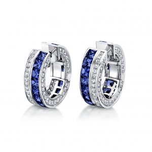 A pair of Medium Blue Sapphire and Diamond Masterpiece Clutch earrings, set in platinum.