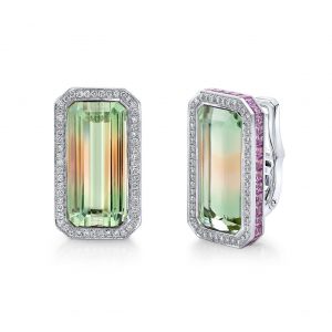 A pair of 33.35ct Multi-Coloured Natural Tourmaline Masterpiece earrings, set with diamonds.