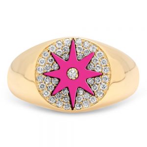 A Star Signet rings set in 18ct yellow gold, set with 0.13 carats of white diamonds and vibrant coloured enamelled star. Head measurement approximately 10mm in diameter