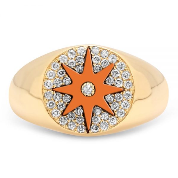 A Star Signet rings set in 18ct yellow gold, set with 0.13 carats of white diamonds and vibrant coloured enamelled star. Head measurement approximately 10mm in diameter