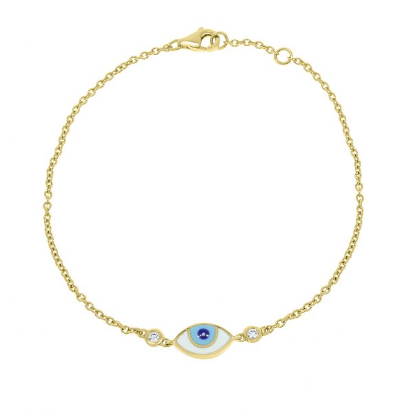 18ct rose gold and evil eye enamel good luck charm bracelet set with 0.06ct of diamonds. Bracelet is 18cm long with a loop at 17cm. Eye colour is turquoise