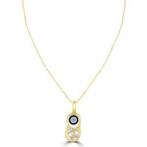 18ct yellow gold and evil eye enamel good luck charm necklace in a shape of a baby bootie set with 0.03ct of diamonds and suspended on 40cm chain. Makes an ideal baby or new mum gift