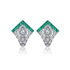 Art Deco Style earrings set with 1.68ct of diamonds (0.53 carat Pear Shaped Rose Cut Diamonds and 1.15 carat round brilliant cut diamonds) and 1.22 carat emeralds, in 18ct white gold