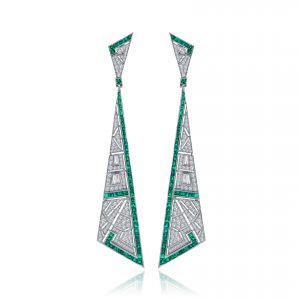 Art Deco Style Earring set with 3.14ct of white diamonds (0.44ct trapeze cut and 2.70ct of round brilliant cut diamonds) and 8.25ct of emeralds, set in 18ct white gold