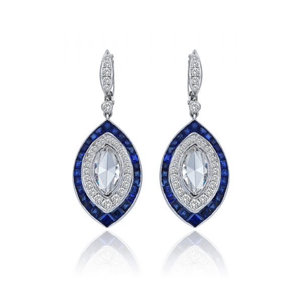 Art Deco Style earrings set with 1.7ct of white diamonds ( 1.07ct marquise rose cut diamonds and 0.63ct round brilliant cut diamonds) and 4.24ct sapphires, set in 18ct white gold
