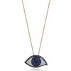 Evil Eye 18ct rose gold pendant set with 0.56ct of black diamonds and 0.26ct of white diamonds and 0.76ct of blue sapphires. Skilfully set with transparent enamel coating on top of sapphires and black diamond to give the real eye effect. Suspended from a 40cm chain.