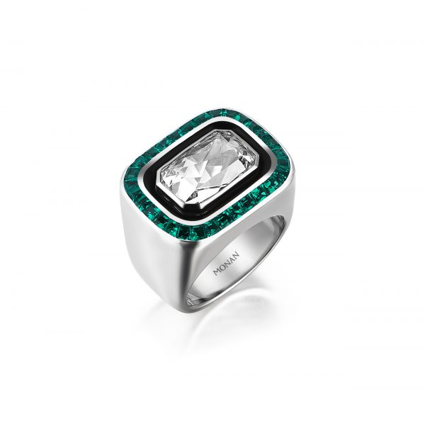 Art Deco style 3.46ct rose cut diamond, 1.53ct emerald and onyx cocktail ring set in 18ct white gold