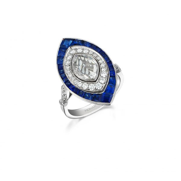 Art Deco Style ring set with 1.3ct of white diamonds (0.76ct marquise rose cut and 0.54ct round brilliant cut diamonds) and 3.22ct of sapphires, set in 18ct white gold