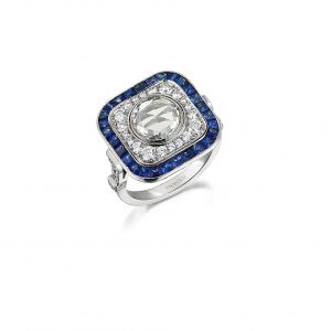 Art Deco Style ring set with 1.57ct of white diamonds (0.81ct round rose cut and 0.76ct round brilliant cut diamonds) and 2.02ct of sapphires, set in 18ct white gold