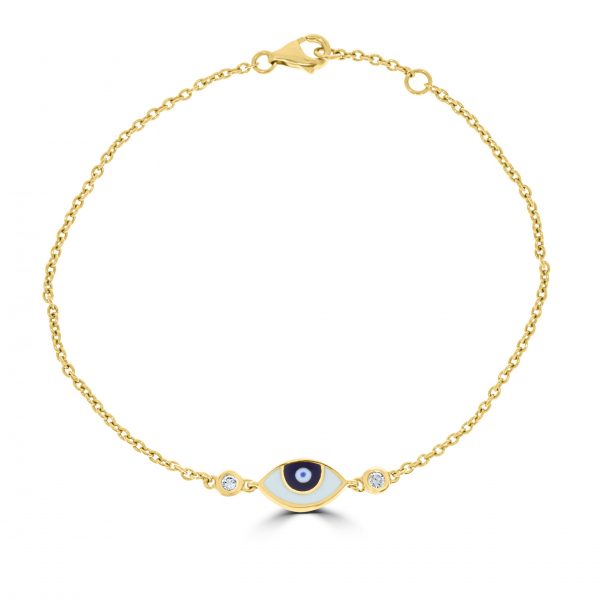 18ct rose gold and evil eye enamel good luck charm bracelet set with 0.06ct of diamonds. Bracelet is 18cm long with a loop at 17cm. Eye colour is dark blue