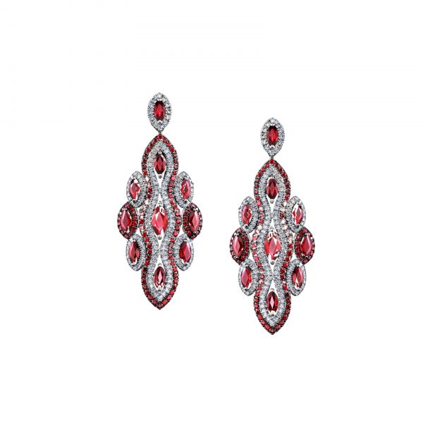 Bella Linda ruby and diamond earrings. 6.74ct marquise and round cut rubies 1.49ct round brilliant cut diamonds Set in platinum Rubies are unheated and highest quality