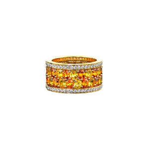 Orange and Yellow Sapphire and Diamond American Glamour full eternity ring, set in 18ct yellow gold. 4.11ct Orange Sapphire 3.92ct Yellow Sapphire 0.88ct Round Brilliant Cut Diamonds. Sapphires are all of the highest quality and unheated.